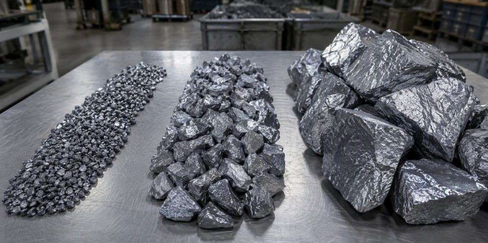 Rows of silicon metal lumps sorted into small, medium, and large piles on a steel table.