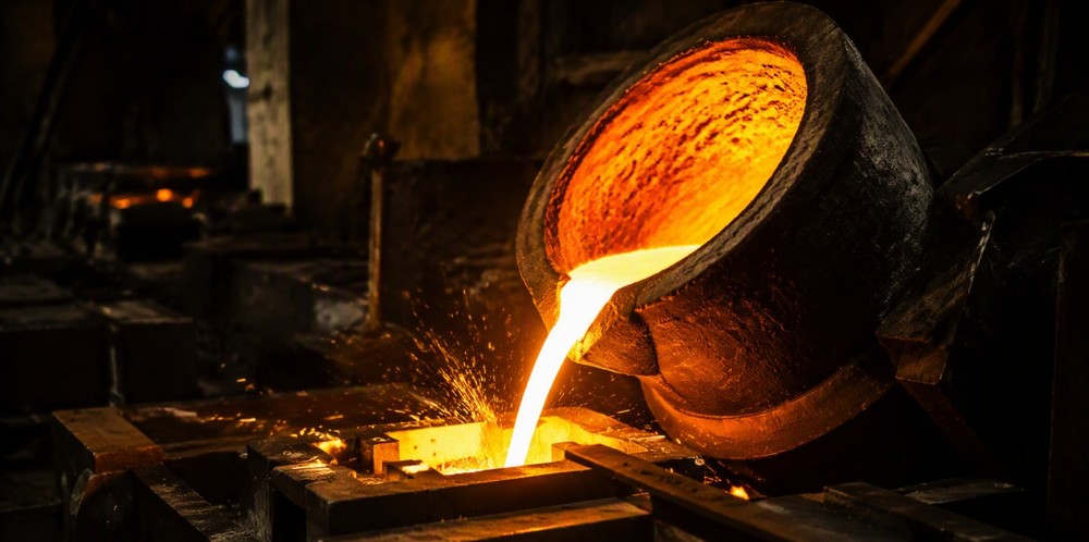 Glowing molten aluminum pouring from a crucible inside a dim foundry.