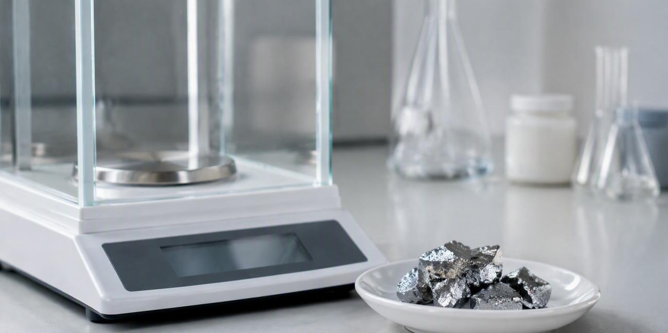 Small silicon metal lumps resting in a white ceramic dish beside an analytical balance.