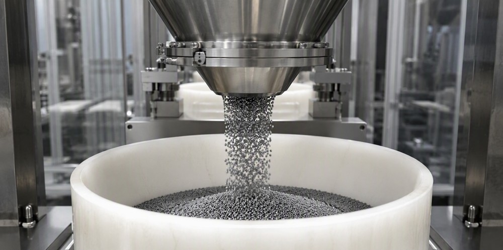 Silicon granules streaming from a steel funnel into a large white quartz crucible.