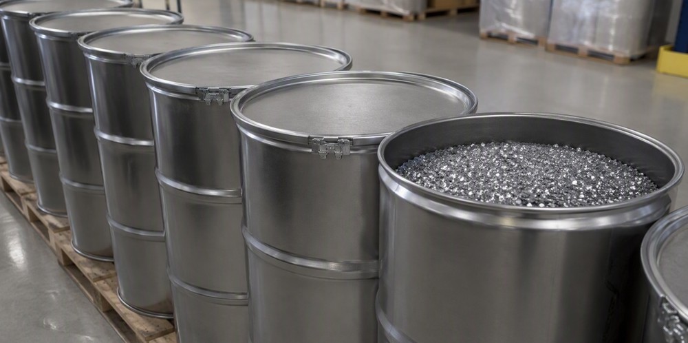 Plain steel drums on a pallet, one open to reveal silicon granules inside.