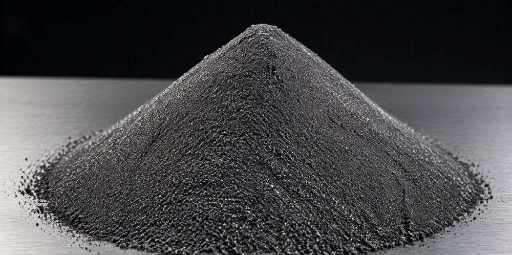 A cone-shaped heap of fine dark gray silicon powder on a brushed steel surface.