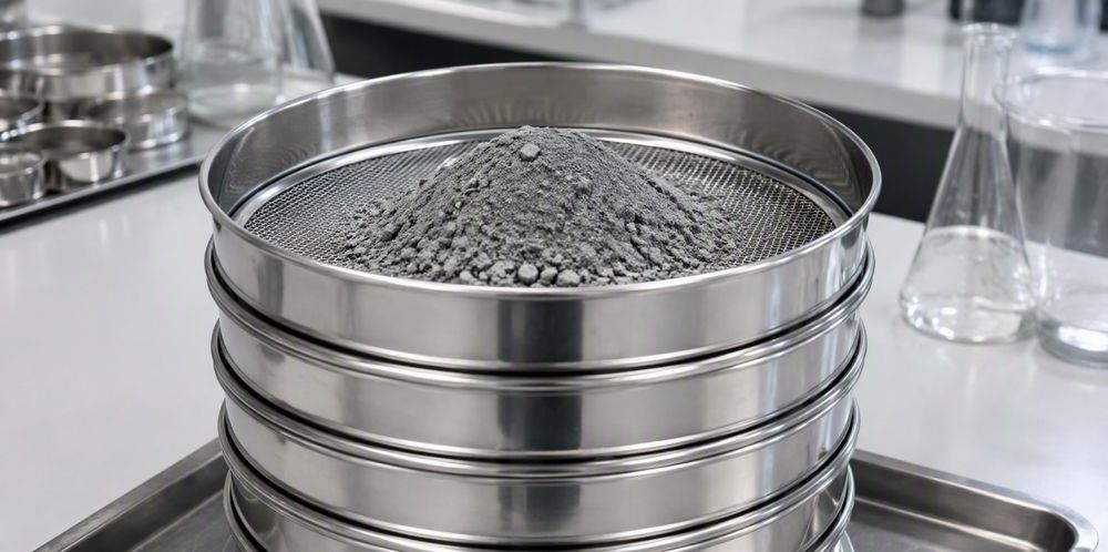 Stainless steel laboratory test sieves with gray silicon powder resting on the top mesh.