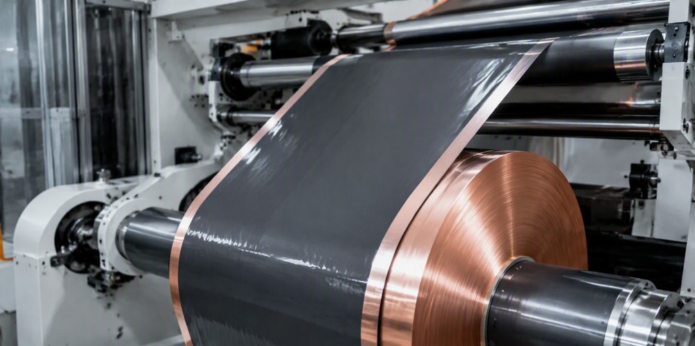 Copper foil coated with dark battery anode material winding through rollers on a coating machine.