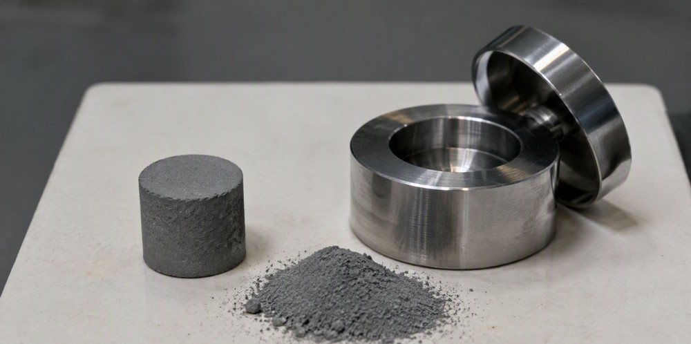 A compacted gray silicon powder pellet beside an open steel pressing die and loose powder.