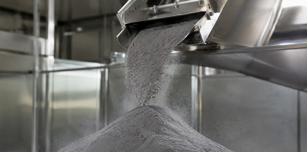 Gray silicon powder streaming from a stainless feeder chute onto a conical pile in a processing plant.