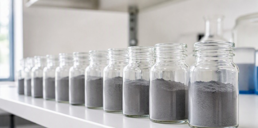Small clear unmarked glass jars of gray silicon powder lined up on a white laboratory shelf.