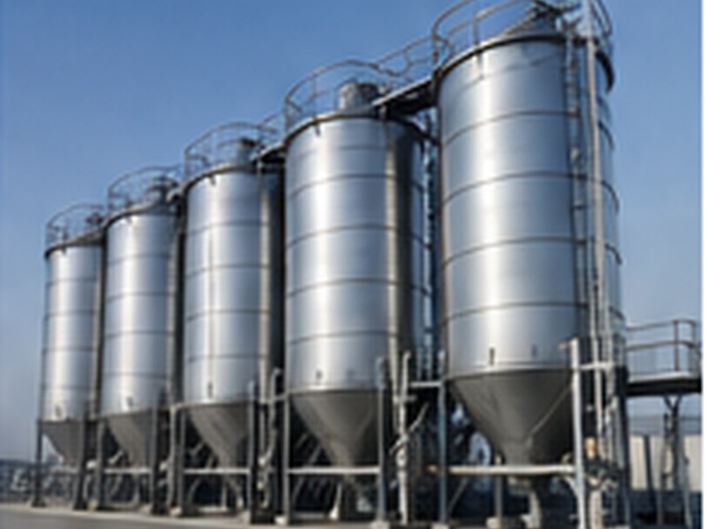 Stainless industrial storage silos representing bulk raw-material handling.