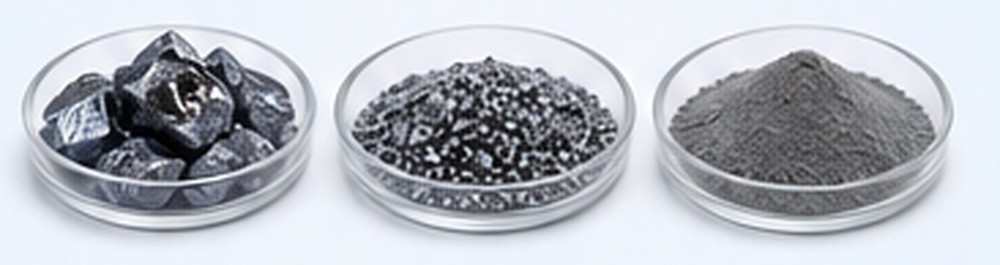 Sample dishes containing silicon chunks, granules and powder for form selection.