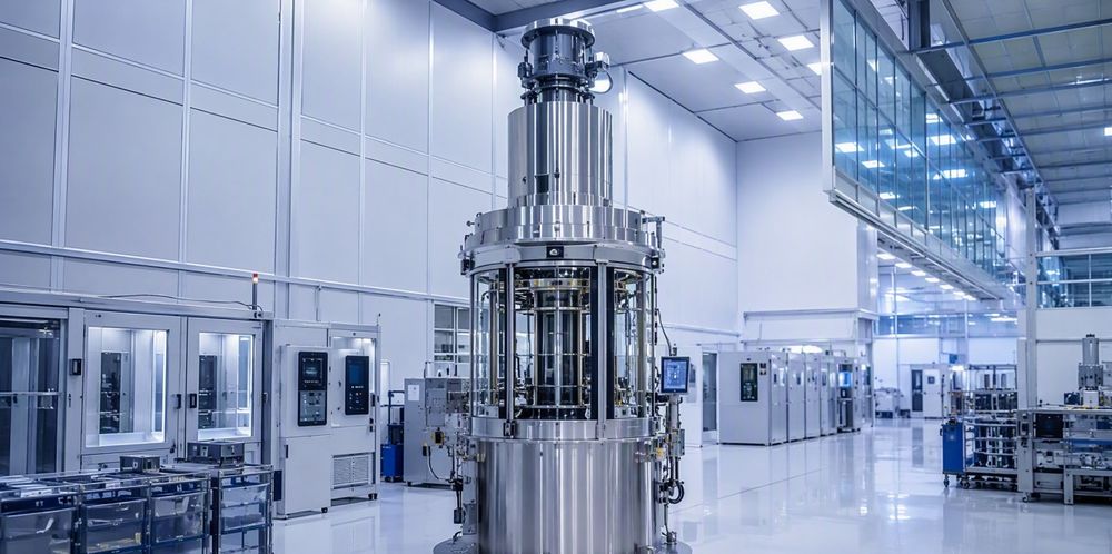 A tall crystal puller machine standing in a bright solar wafer cleanroom.