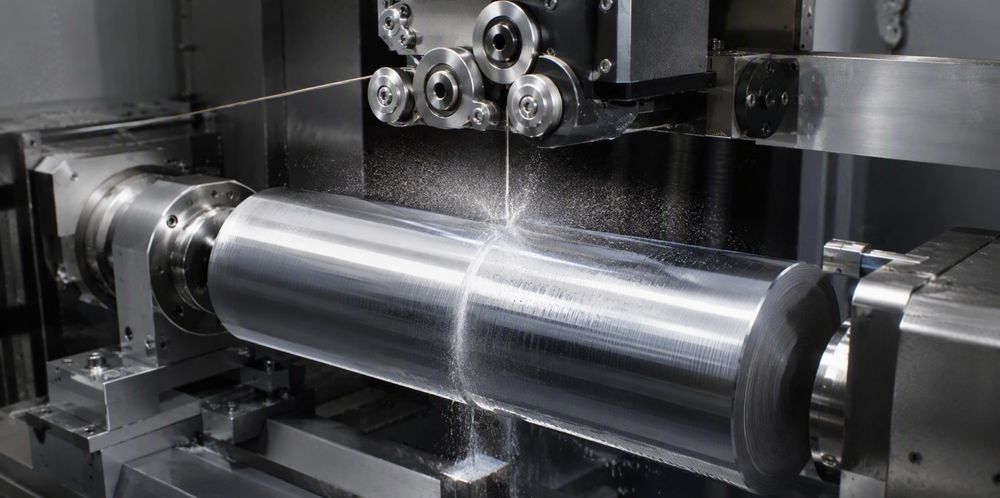 A diamond wire saw squaring a cylindrical monocrystalline silicon ingot.