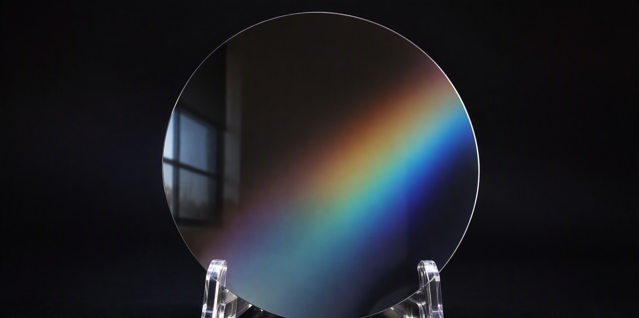 A mirror-polished monocrystalline wafer on a display stand showing iridescent reflections.