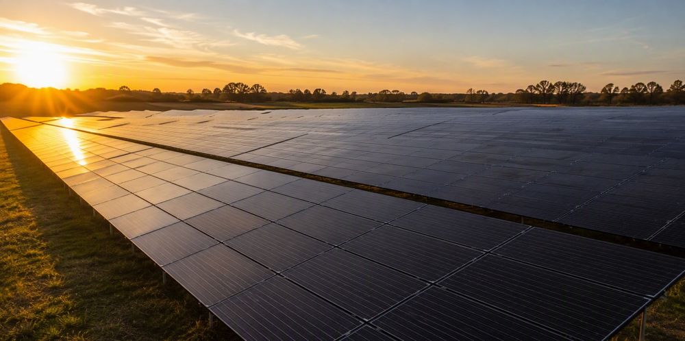 Rows of black monocrystalline solar panels across a solar farm at golden hour.
