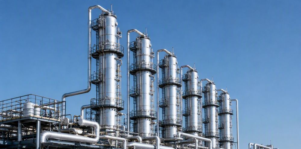 A row of tall stainless steel distillation columns refining chlorosilanes under a clear sky.