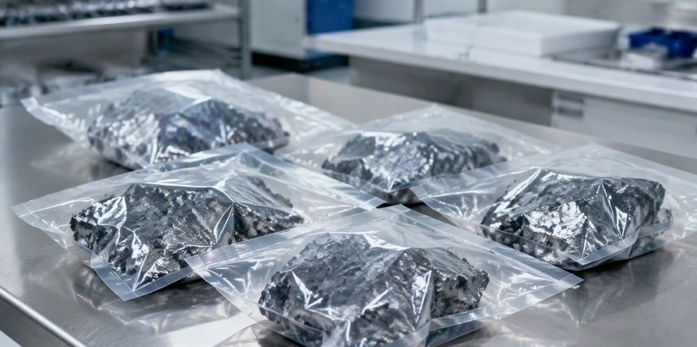 Dark gray polysilicon chunks sealed in transparent plastic bags on a cleanroom workbench.