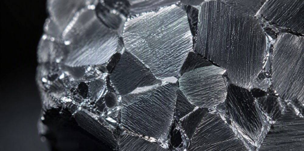 Extreme close-up of interlocking metallic crystal grains on the surface of a polysilicon chunk.