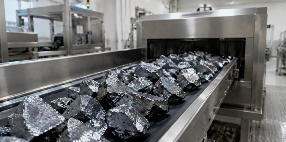 Polysilicon chunks traveling along a stainless steel conveyor through an inspection station.