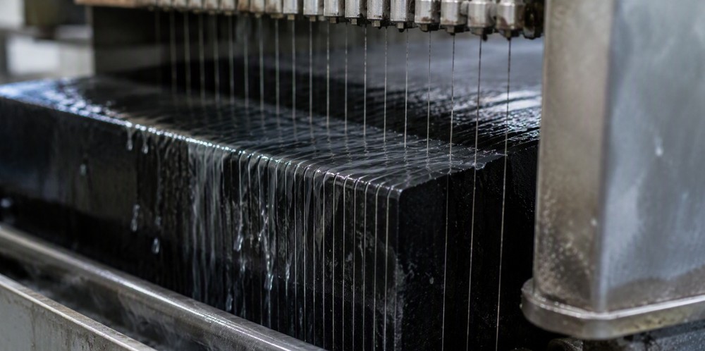 A web of fine diamond wires cutting a silicon brick into thin solar wafers under flowing coolant.