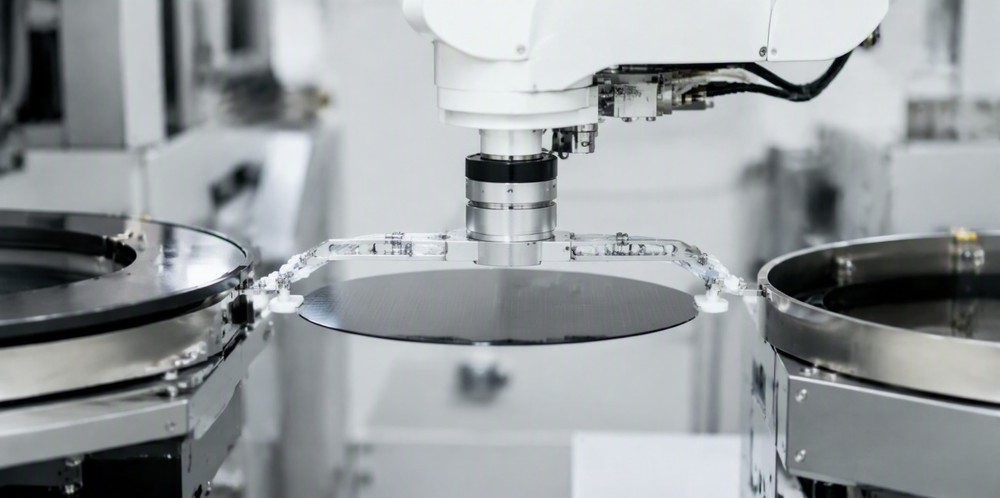 A robotic vacuum gripper holding a thin solar wafer between processing stations in a cleanroom.