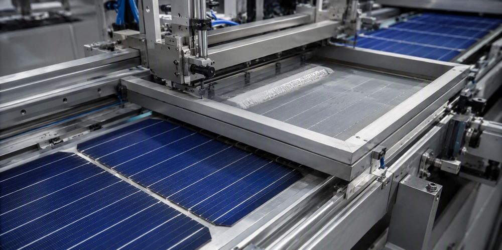 Rows of dark blue solar cells traveling through a screen-printing station on a conveyor line.