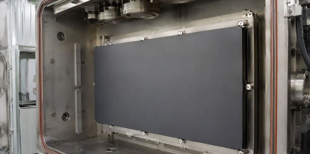 A large dark planar silicon sputtering target plate installed inside an open vacuum coating machine.