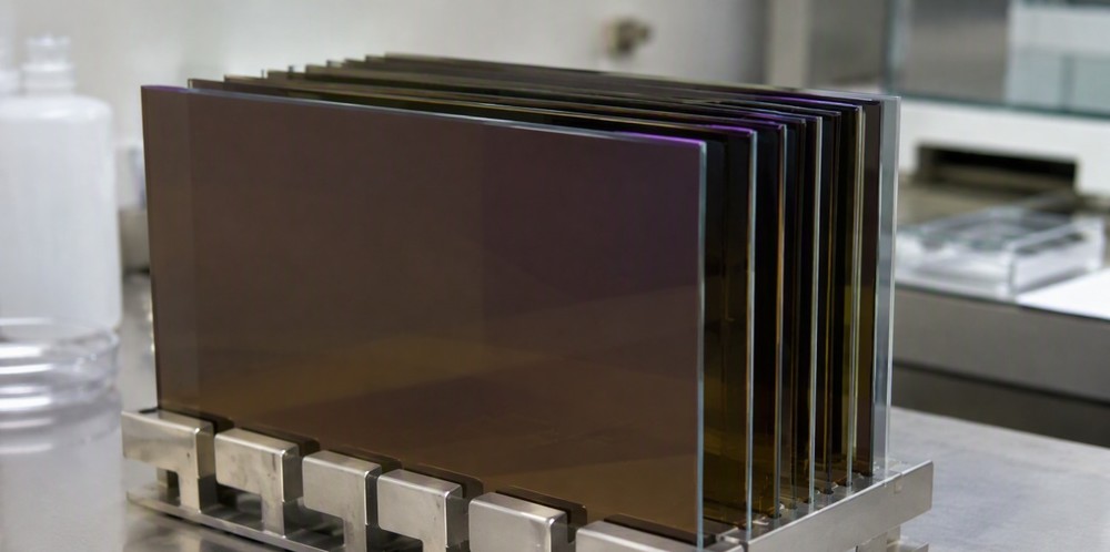 Several iridescent dark glass panels coated with amorphous silicon standing in a laboratory rack.