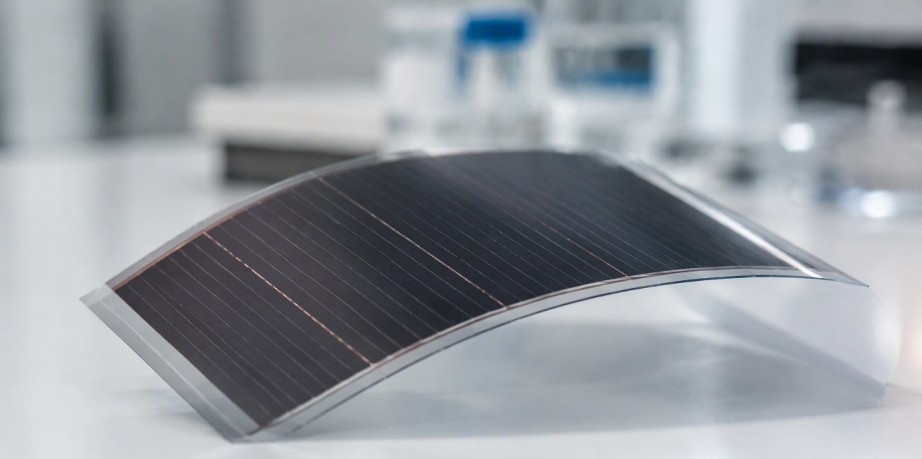 A gently curved flexible thin-film solar strip resting on a clean laboratory bench.