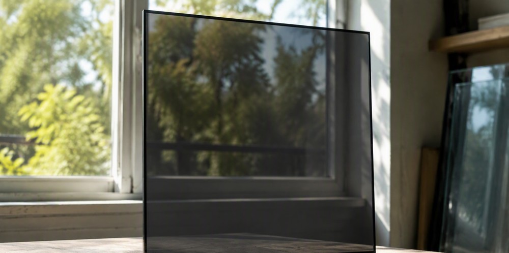 Daylight shining through a semi-transparent thin-film photovoltaic glass panel on a workbench.