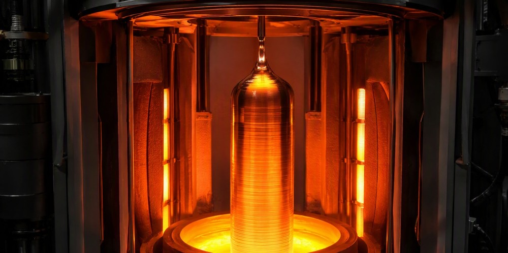 A glowing silicon single crystal rising from molten silicon inside a crystal growth furnace.
