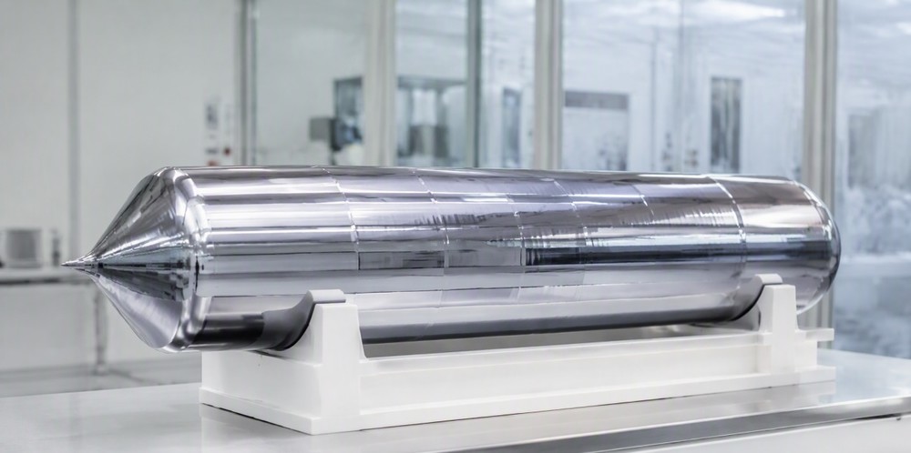 A cylindrical monocrystalline silicon ingot resting horizontally on a white cradle in a cleanroom.