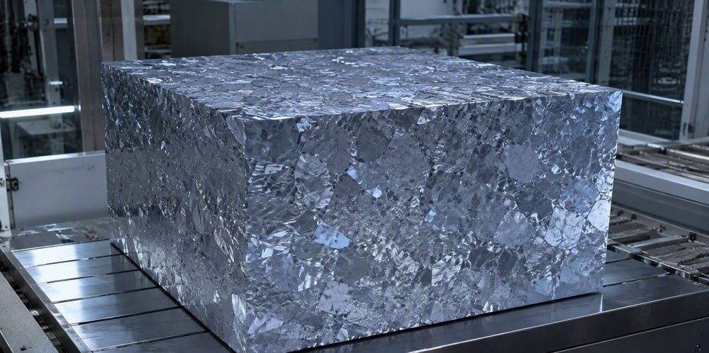 A square multicrystalline silicon block with a sparkling grain mosaic on a factory cutting table.