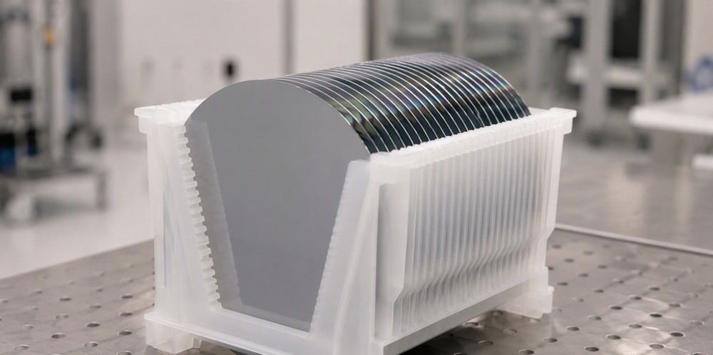 Polished gray silicon wafers stacked upright in a white plastic cassette on a cleanroom bench.
