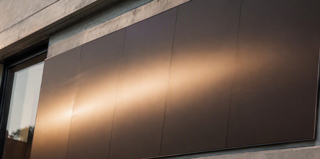 A dark frameless thin-film solar panel on a modern building facade catching soft sunlight.