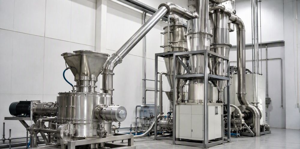 Industrial milling and air-classification equipment producing fine silica powder.