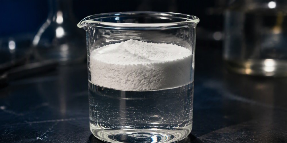 White silica powder layered over clear epoxy resin inside a glass beaker.