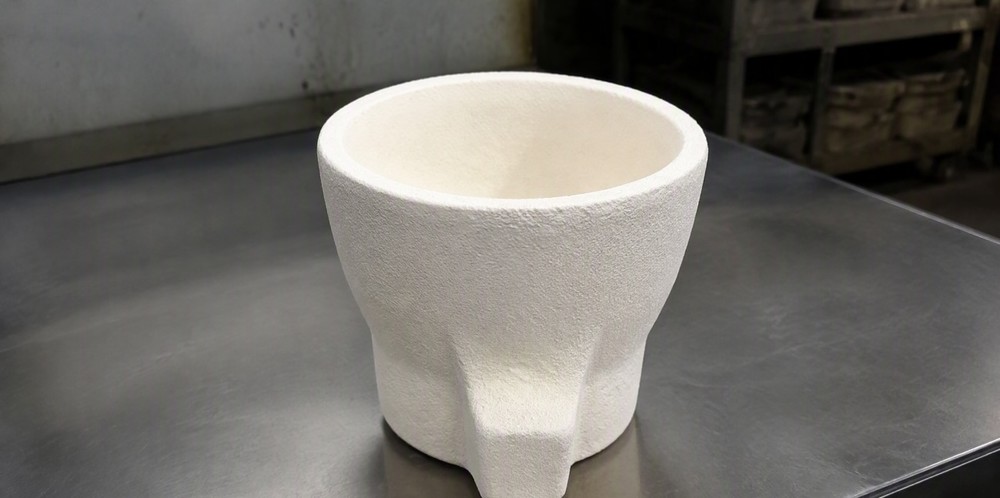 A white ceramic investment casting shell mold resting on a clean metal bench.