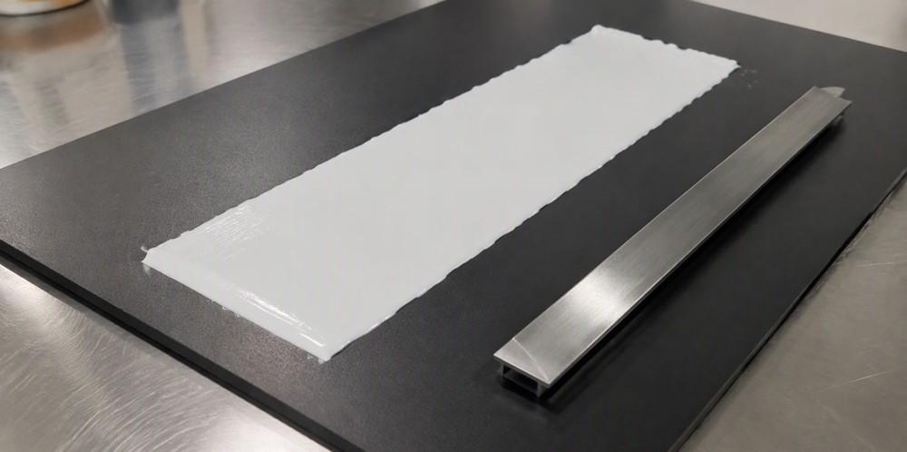 A white silica-filled coating drawn down in a smooth stripe across a dark test panel.