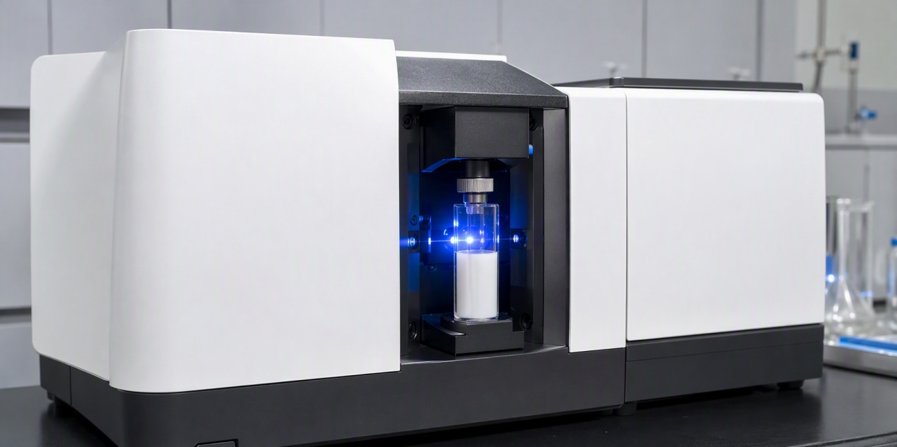 A laser particle-size analyzer measuring a silica powder sample in a glass cell.