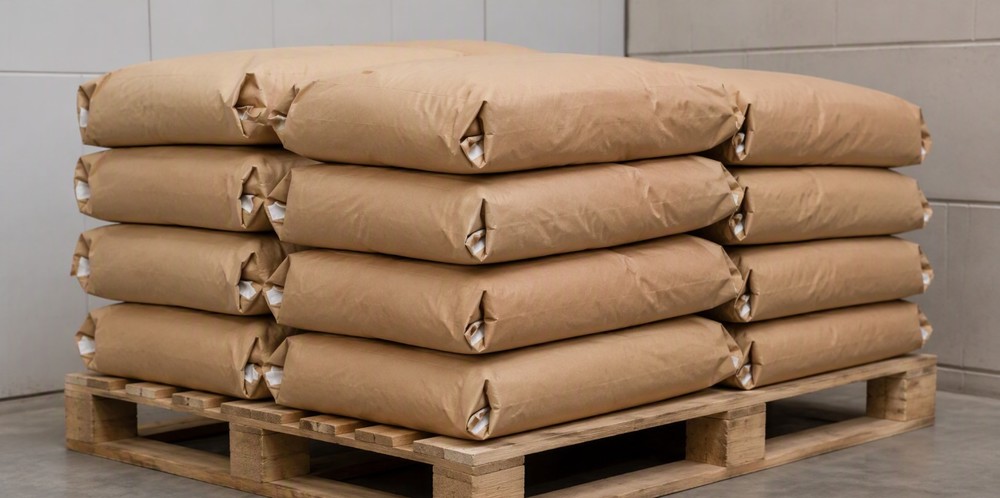 Kraft valve bags of silica powder stacked neatly on a wooden pallet.