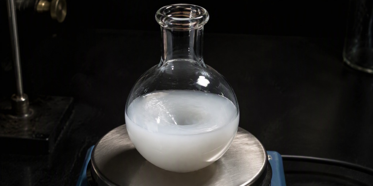 A round-bottom flask of milky white silica sol being stirred during a sol-gel synthesis.