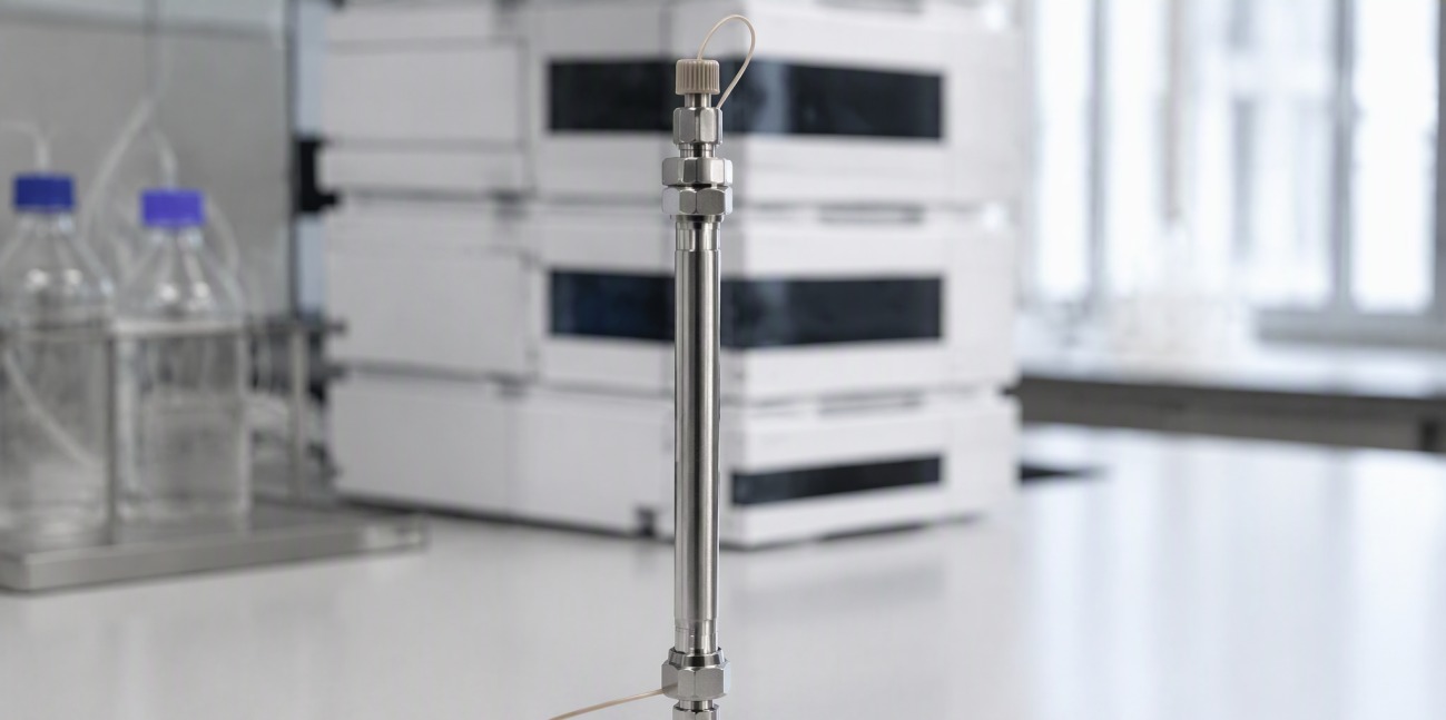 A stainless steel chromatography column standing upright with its fittings.