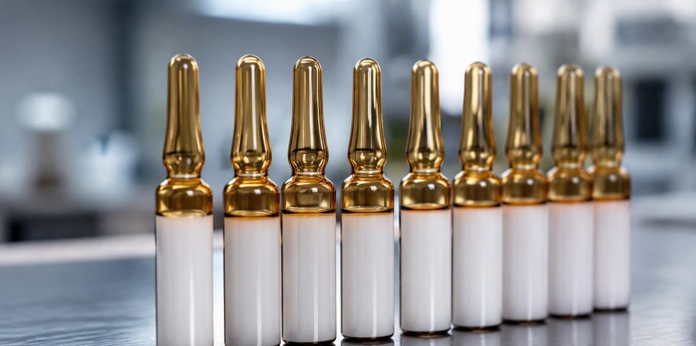 A row of amber glass ampoules filled with milky colloidal silica on a laboratory bench.