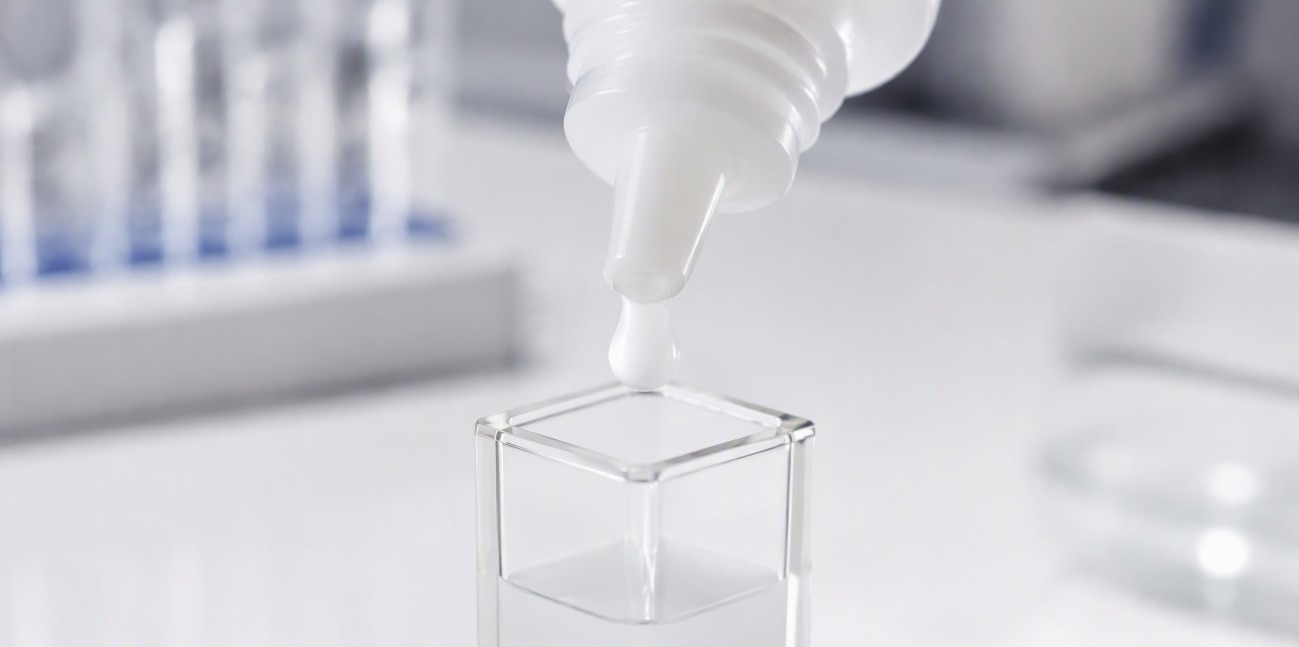 A dropper-tipped vial releasing a drop of white suspension into a glass cuvette.