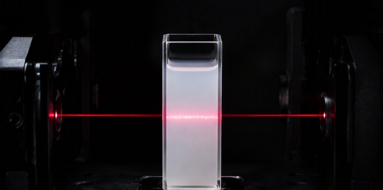 A red laser beam glowing as it passes through a cuvette of milky liquid inside a dark instrument.