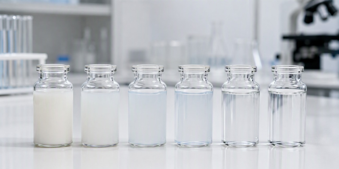 Six glass vials showing a gradient from milky white to clear liquid on a white bench.