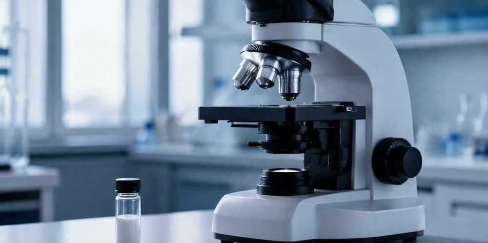 A laboratory microscope beside a small vial of white suspension and a glass slide.