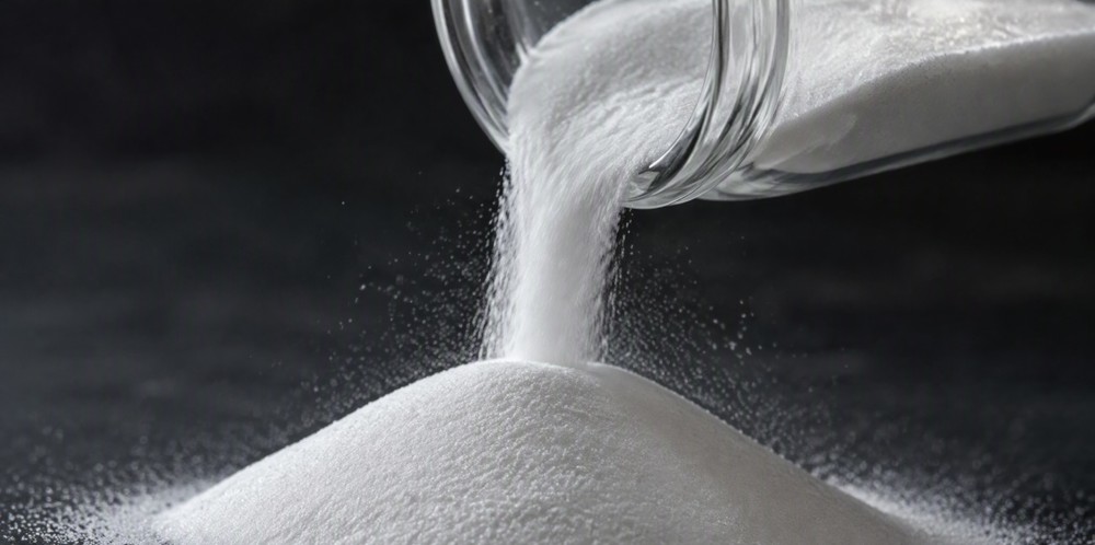 White high-purity silica powder pouring from a tilted glass container onto a dark surface.