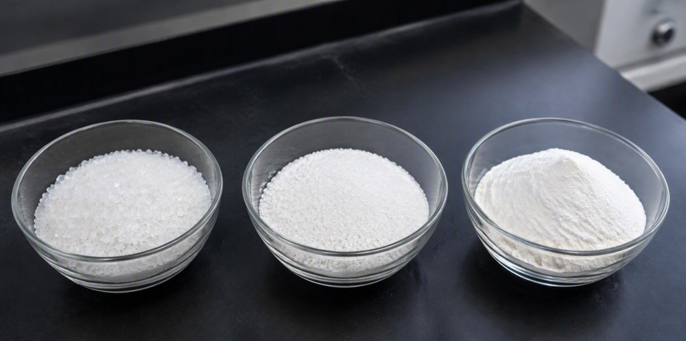 Three glass bowls holding coarse, medium, and fine white silica grades side by side.