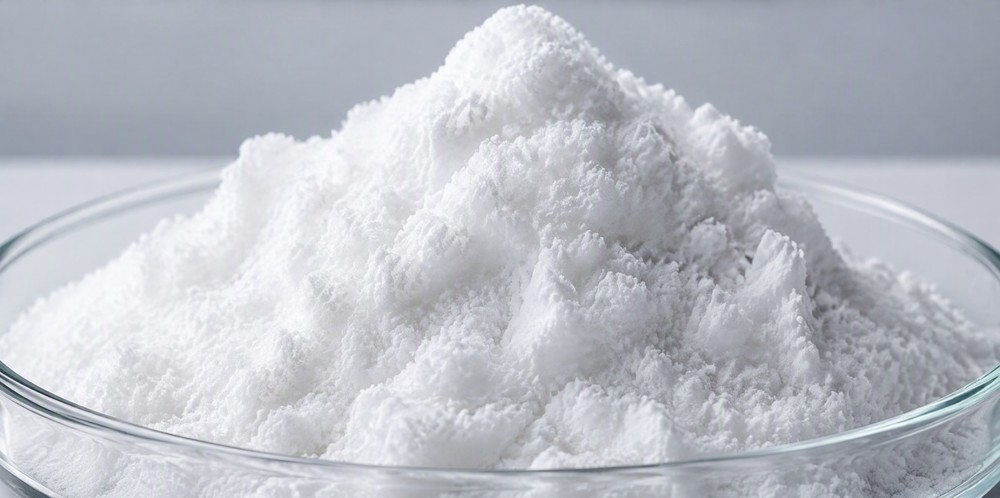 A heap of ultra-light fluffy fumed silica resting in a clear glass dish.