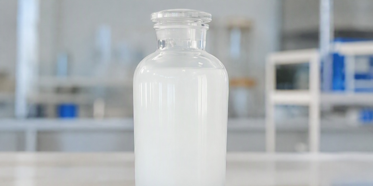 Milky colloidal silica liquid inside a clear laboratory glass bottle.